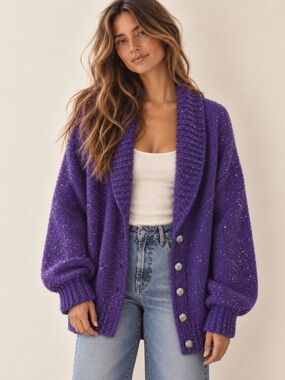 Purple Hand Knit Chunky Cardigan Shawl Collar Balloon Sleeve Oversized Sweater
